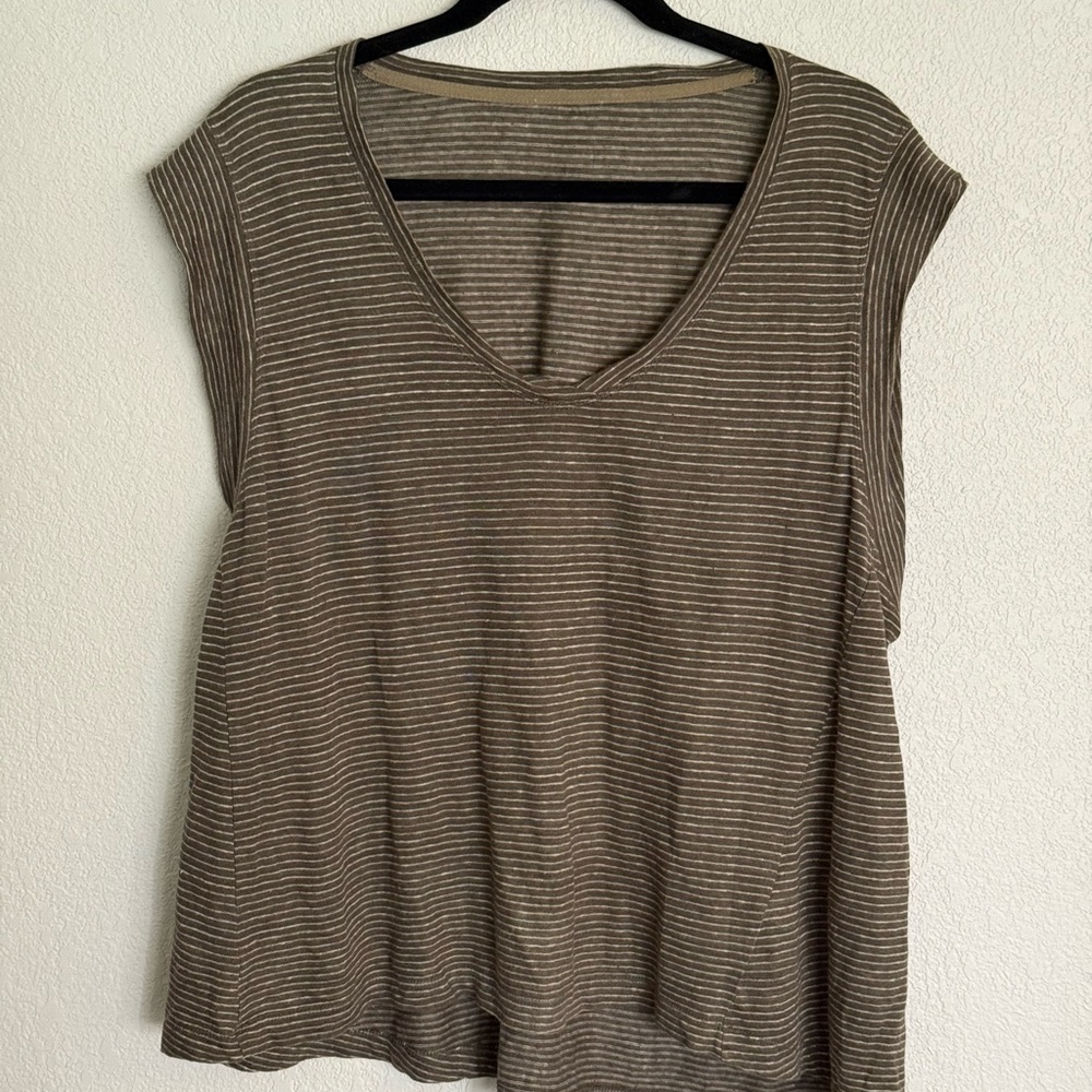 Wrap London Striped V-Neck Women's Top in Olive green Brown 100% Linen